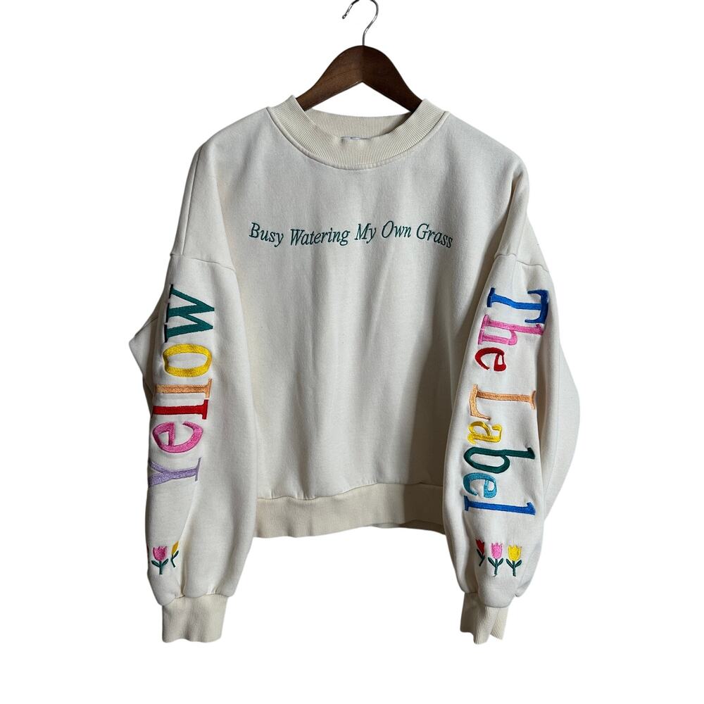 Yellow the Label Watering My Own Grass Embroidered Graphic Sweatshirt Womans M